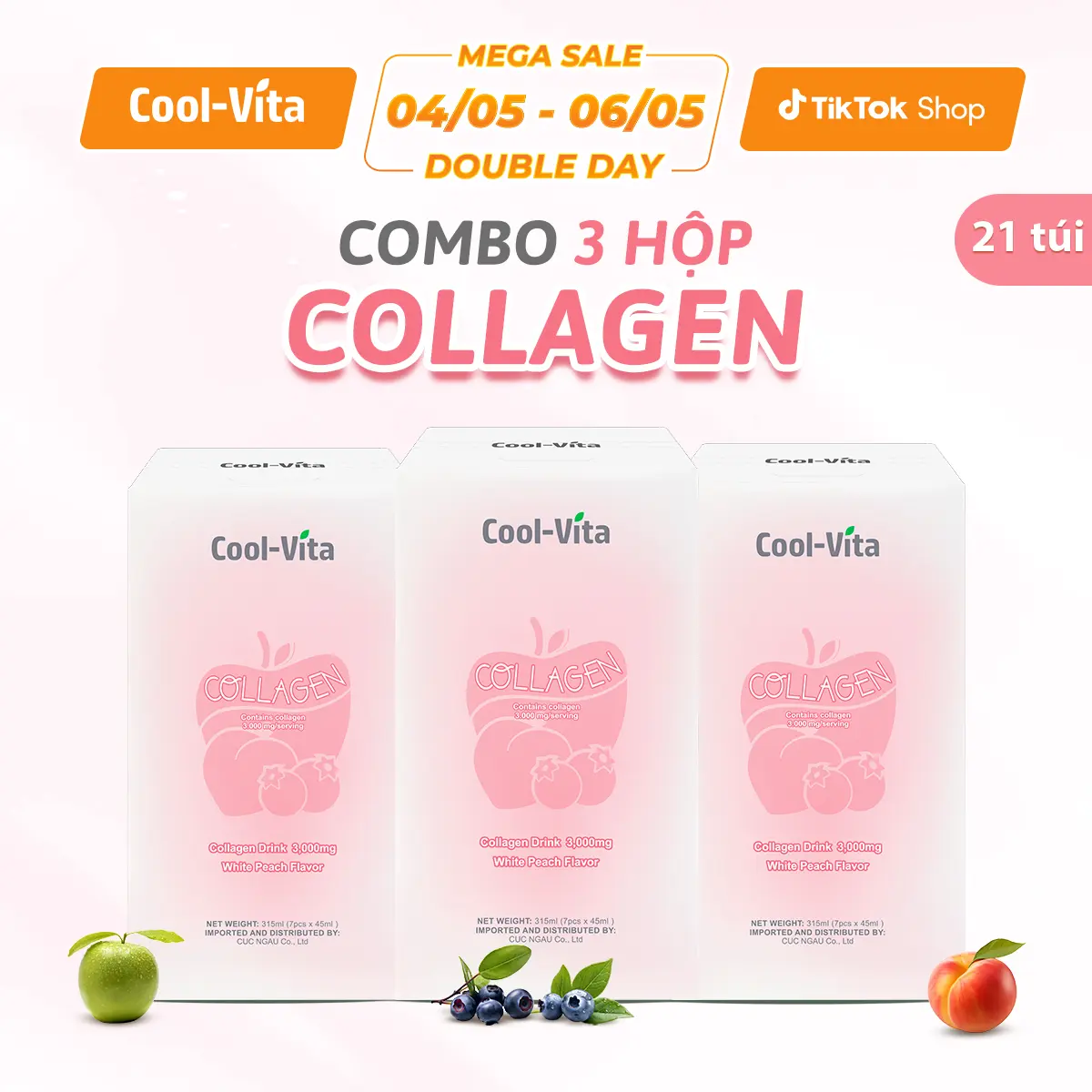 [Live] Combo 3 Hộp Nước Uống Collagen Peptide 3000mg Coolvita Hỗ Trợ Trẻ Hóa Sáng Da, Hỗ Trợ Dưỡng Tóc và Móng (45ml× 7 túi)/hộp
