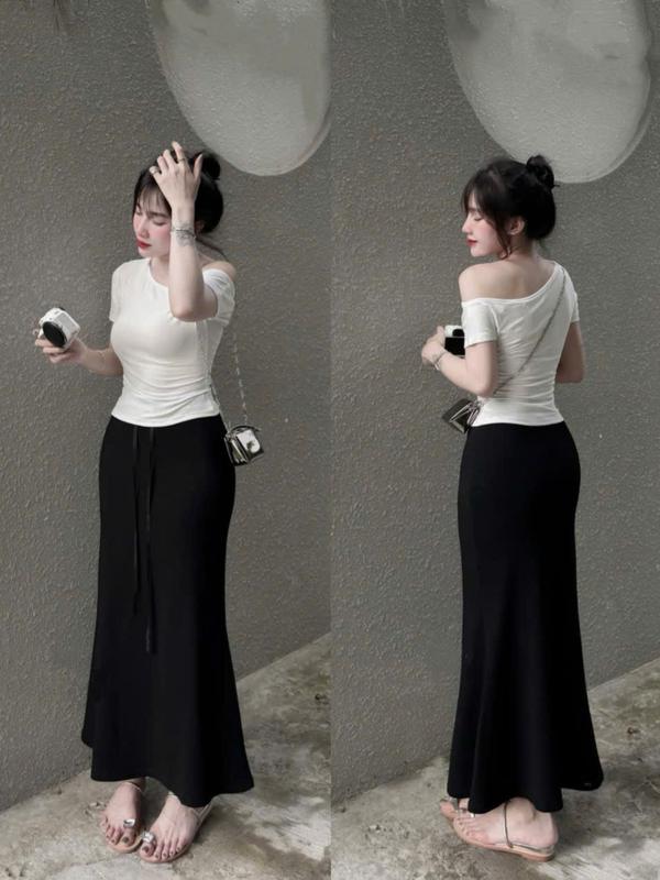  SM - Set áo thun cổ lệch tay ngắn phối chân váy đuôi cá mặc tôn dáng - thun Ladong BB745 set bộ  set nữ tôn dáng  set chân váy  set bộ nữ  set đi biển  set váy 