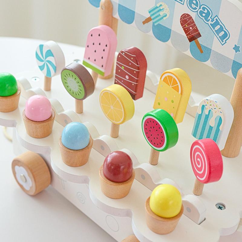 Wooden simulation ice cream cone ice cream machine, boys and girls ice cream cart, children play house toys gifts 6