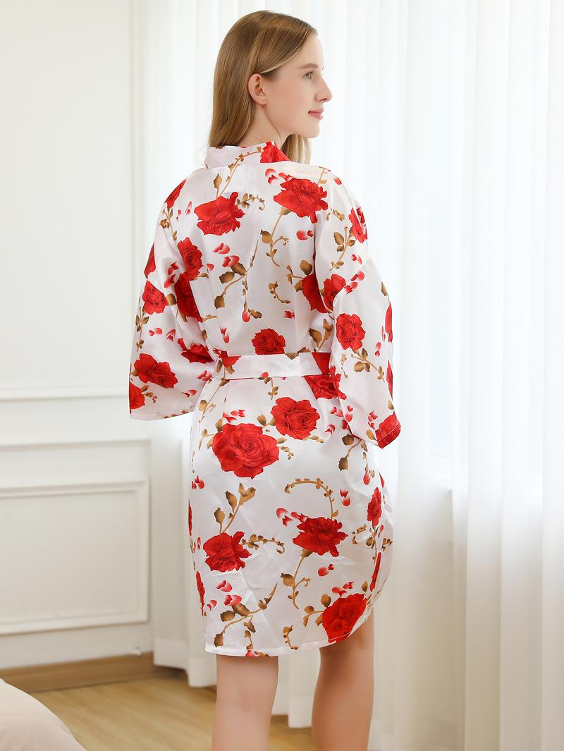 Product Introduction of Spring and Summer Flower Patterned Faux Silk Pajamas Women's Homewear Bathrobe Cardigan Sleeping Skirt 7