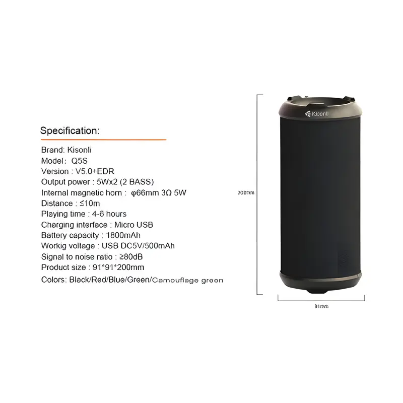 Speaker Bluetooth Super Bass KISONLI Q5S IPX5 TF Card Portable Audio Wireless Tws 7