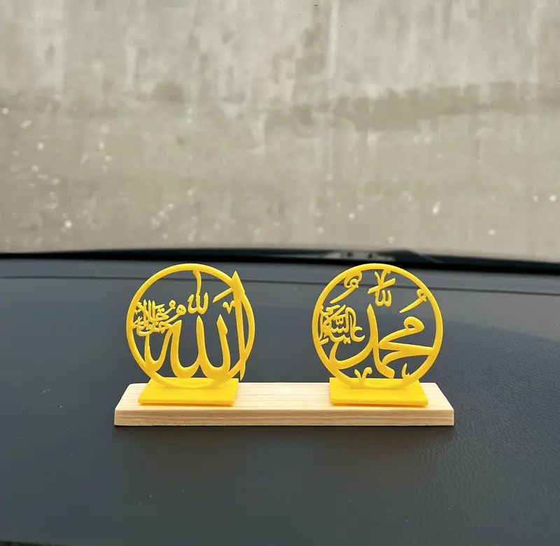 Hiasan Dashboard Mobil Allah Muhammad Bahan Acrilic tebal 2mm Warna Kuning 3