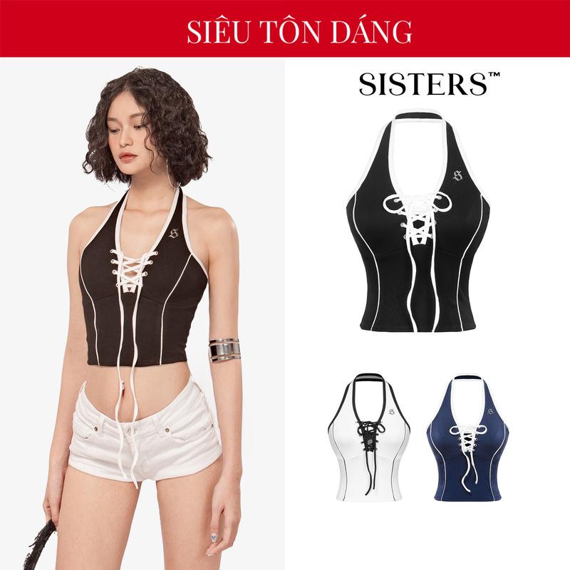 Áo croptop cổ yếm đan dây ngực SISTERS màu đen, trắng, xanh rin phối viền cổ khoét sâu gợi cảm Caridwen | SS24-T1