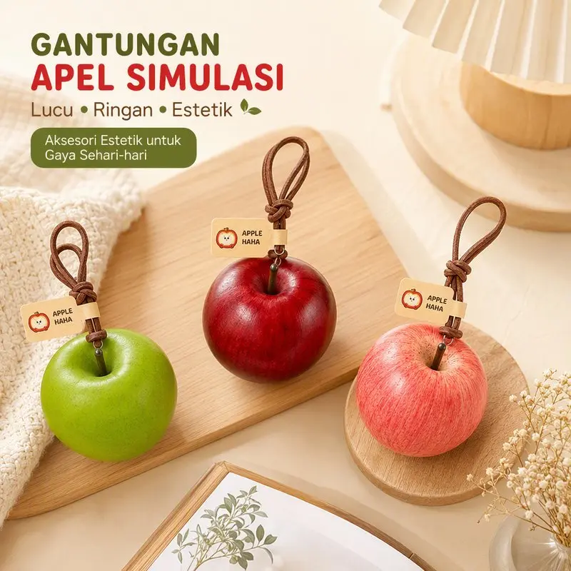 Vinnatsu Gantungan Tas Apel Simulasi Busa Padat Bag Charm Gantungan Kunci Ringan Realistis Untuk Ransel Dompet Tote Bag Dekorasi Kamar Kado Ulang Tahun Ukuran 5.2 CM Tali 23.5 CM