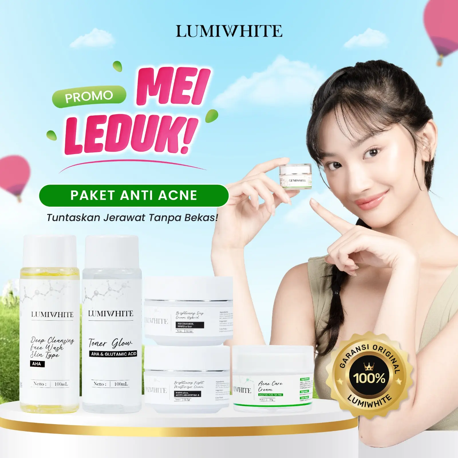 LUMIWHITE - Paket Acne Care Lengkap Untuk Jerawat (Facewash, Toner, Day Cream, Night Cream dan Acne