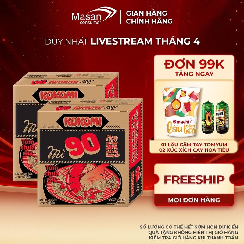 Combo 2 thùng mì Kokomi Đại 90 Tôm Chua Cay Gói - Thùng 30 Gói x 90g