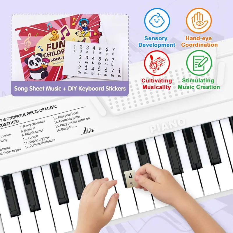 37 Keys Kids Piano Keyboard, Portable White Electronic Music Toy for Toddlers Ages 2-6, Educational Instrument with Songbook Stickers, Birthday Christmas Gifts for Boys Girls 2