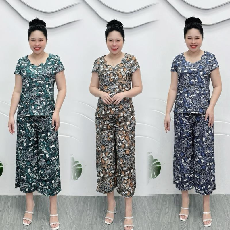 S79 Đồ bộ trung niên, set bộ cho mẹ thun tăm thái mềm mát, quần ống rộng 9 tấc, 50-80kg Nữ Áo Women Nhung