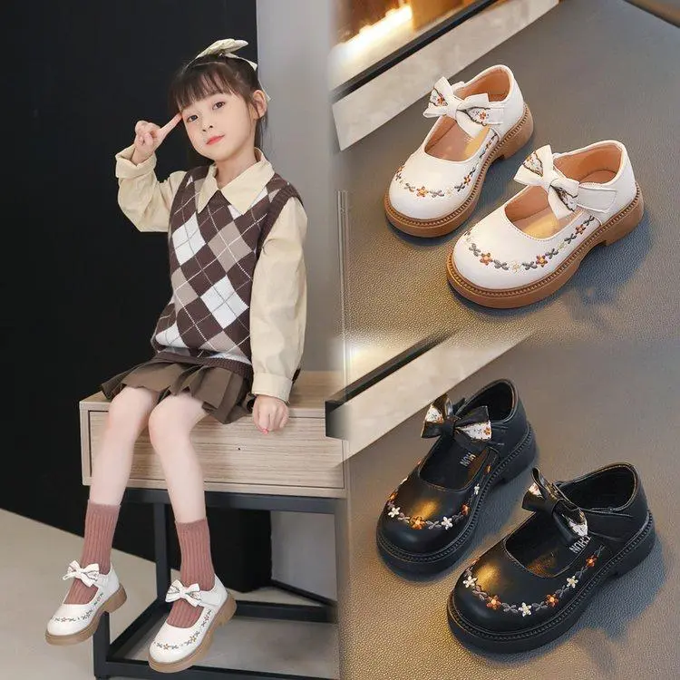 Sepatu Datar Kulit Bayi Perempuan Cantik Gaya Korea Sol Lembut Ikatan Simpul Bordir Sepatu Anak Nyaman Antilicin Usia 2-12 Tahun ​ 0