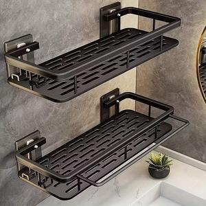 Conjunto de estante para almacenamiento montado en pared con 2 ganchos, plástico resistente sin taladro, instalación adhesiva o con tornillos, organizador que ahorra espacio para baño y cocina