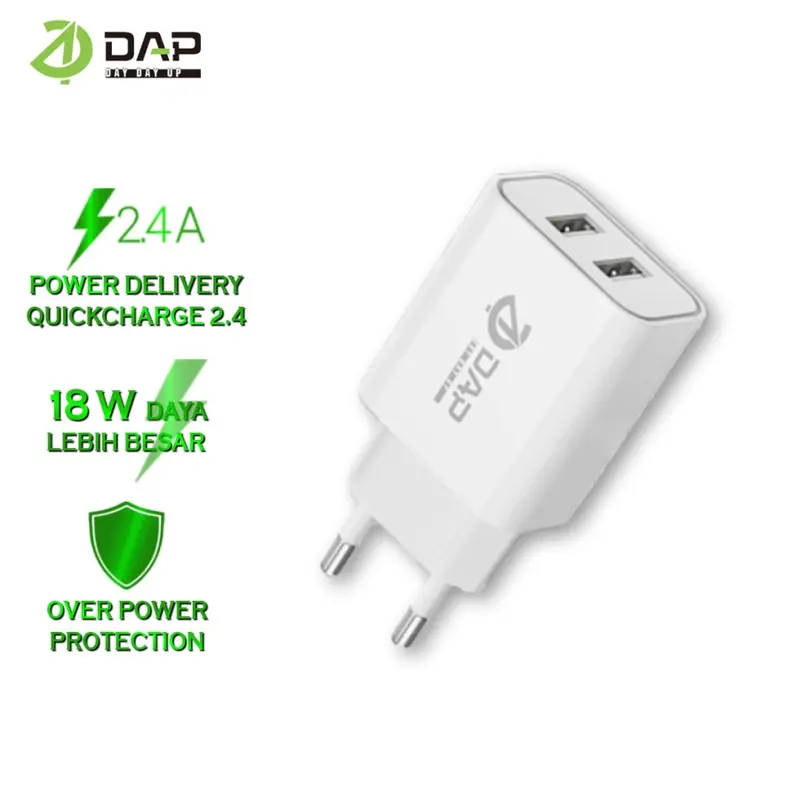 DAP Fast Charging 2 Port USB Charger 2.4 A Garansi D-A4N 1PCS Kabel 8