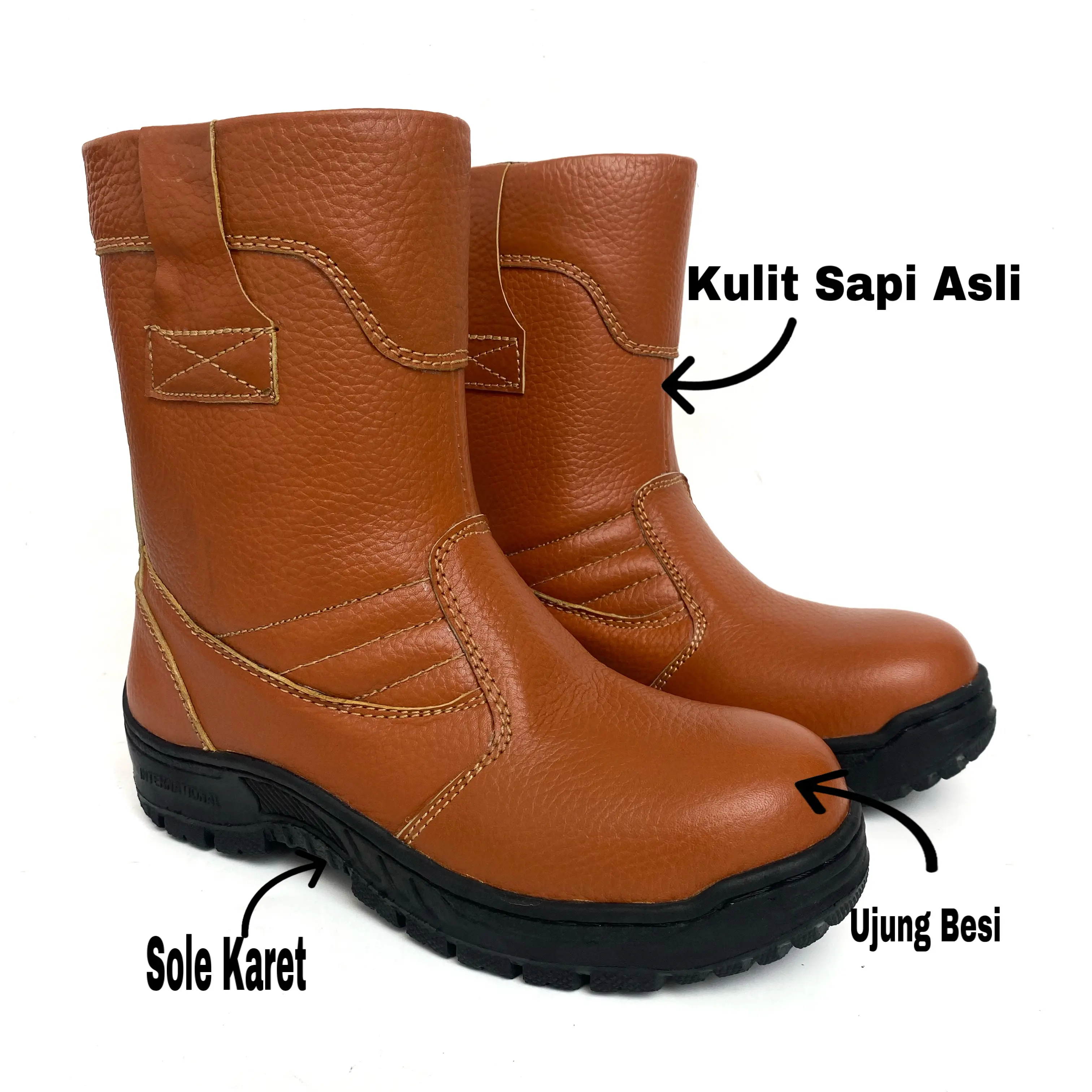 Sepatu Safety Pria Ujung Besi Kulit Sapi Asli Sole Karet Tipe Handmade SEPATU KERJA PROYEK Hitam Size 38-43