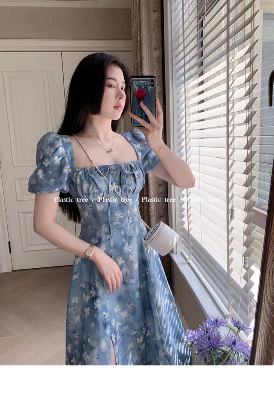 Product Introduction of phụ nữ ăn mặcĐầm Voan Pháp, In Hoa Mùa Hè, Cạp Cao Xẻ Tà, Hàng Mới Về Cho Nữ, Bó Sát Eo, Cổ Vuông, Tay bồng Hoa, Đầm Midi Dress Women 10