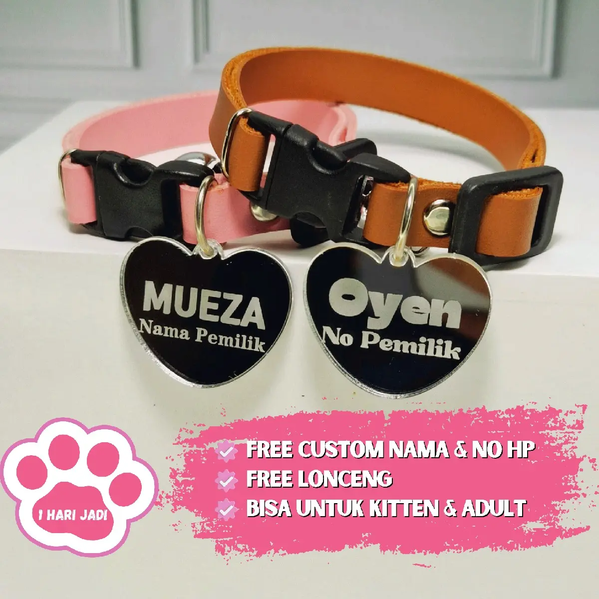 Kalung Kucing Custom Nama Free Lonceng Bahan Akrilik Silver Premium Motif Love Hati