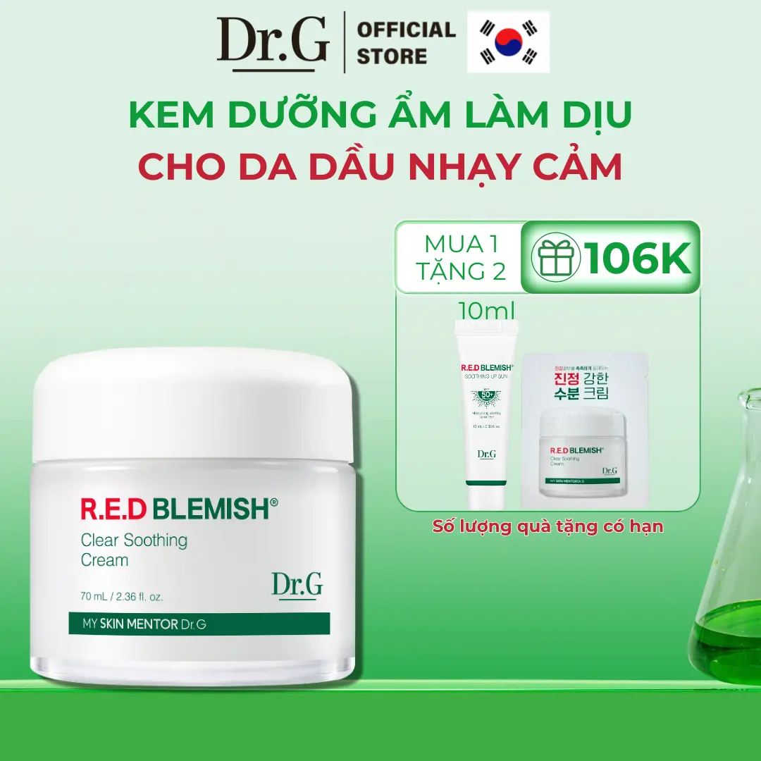 [ Hộp lẻ ] ( Quà tặng 1 Kem chống nắng R.E.D 10ml + 1 Kem dưỡng 2ml)  Kem dưỡng Dr.G R.E.D Blemish Clear Soothing Cream 70ml
