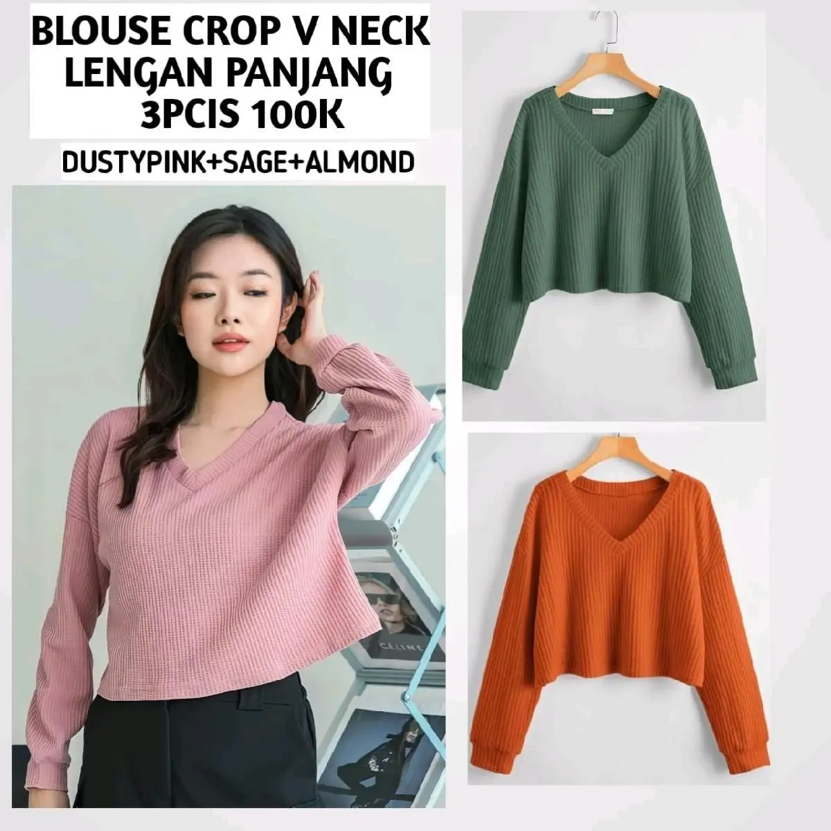 Paket Hemat 3pcis V neck Crop Lengan Panjang Wanita Cantik Nyaman Santai Lembut blouse vintage korean style kemeja vest jumbo