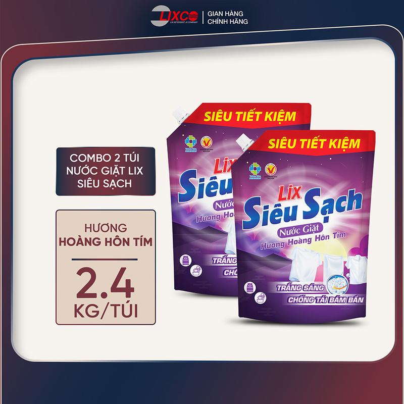  Combo 2 túi Nước giặt Lix Siêu sạch 2.4Kg túi hương biển xanh năng mới hoàng hôn tím 