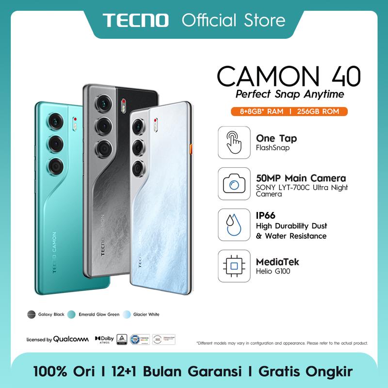 [FlashSnap] TECNO CAMON 40 - 8+8GB*/256GB, 50MP Sony + 8MP Ultra Wide Camera, 32MP Front Camera, 120Hz AMOLED, IP66, 5200mAh+45W, Garansi 12+1 Bulan 1