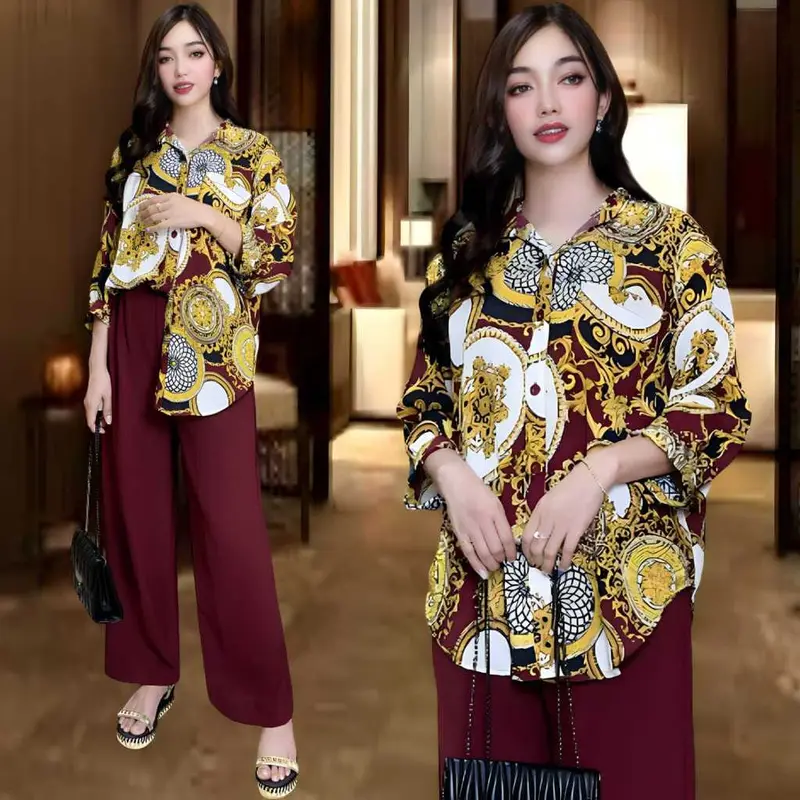 Setelan Wanita Crinkle MELISA LD 120 - Atasan Kemeja Oval Celana Lurus Bahan Crinkle Airflow - Muslim Tunik Kancing Casual Dewasa Motif Nyaman Panjang Baju Katun Standar Variasi Nyaman Panjang 3