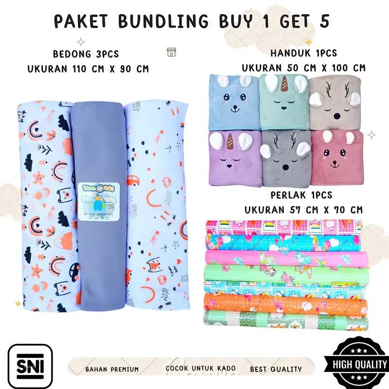 Paket Bundling Bayi Baru Lahir Buy 1 Get 5 (Bedong Jumbo 110 x 90 cm, Handuk Microfiber, Perlak Bayi) - Alas 1