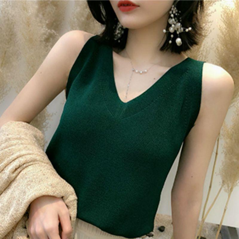 Fashion Ice Silk Camisole Women's Outer Wear Summer Sleeveless Knitwear Korean Style Loose V-neck Short Bottoming Shirt Top Fashion Womenswear Lingerie 5