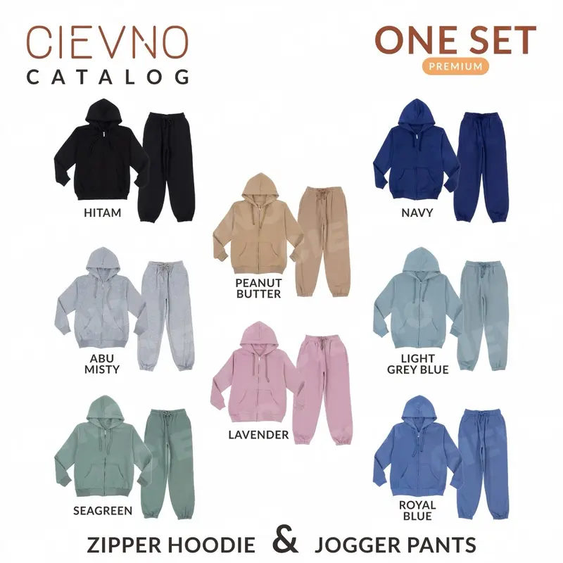 CIEVNO - ONE SET HOODIE ZIPPER + CELANA JOGGER PREMIUM NAVY (UNISEX) sweater distro Wanita Hitam Katun Polos Crewneck Panjang Setelan Casual Tebal 1