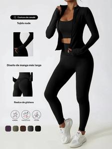 Conjunto de pantalones de yoga de mujer de cintura alta con cremallera y manga larga, elástico y cómodo, ropa casual para uso diario, fitness, correr y ciclismo