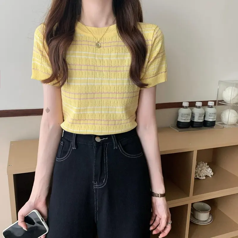Yoona BJ478 Baju Motif Atasan Wanita Crop Top Rajut Korean Style Premium Lengan Pendek Stripe Knitwear Panjang Cardigan Hitam Sweater 1