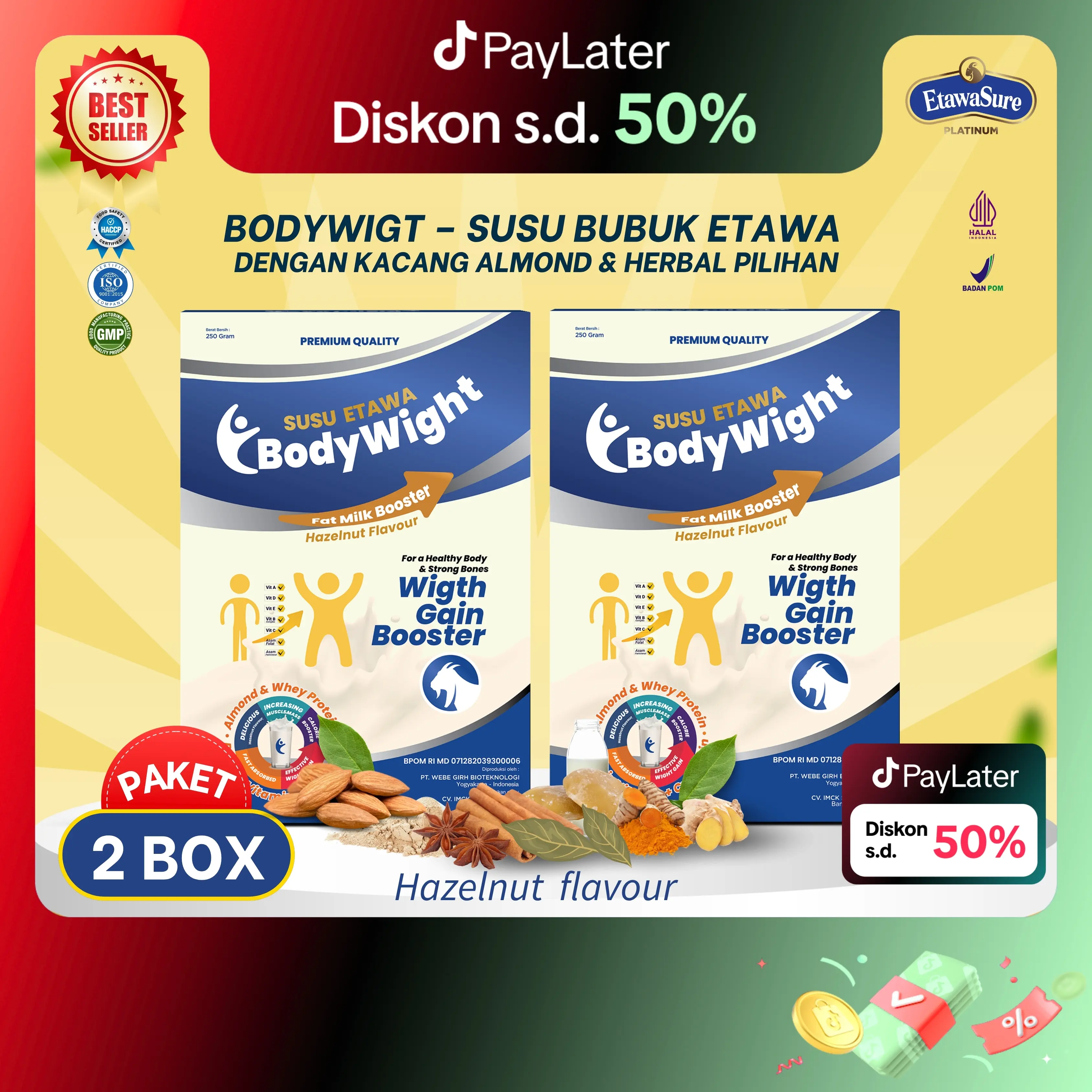BodyWight Susu Kambing Etawa Dengan Whey Protein Paket 2 Box Kemasan 250gr/box
