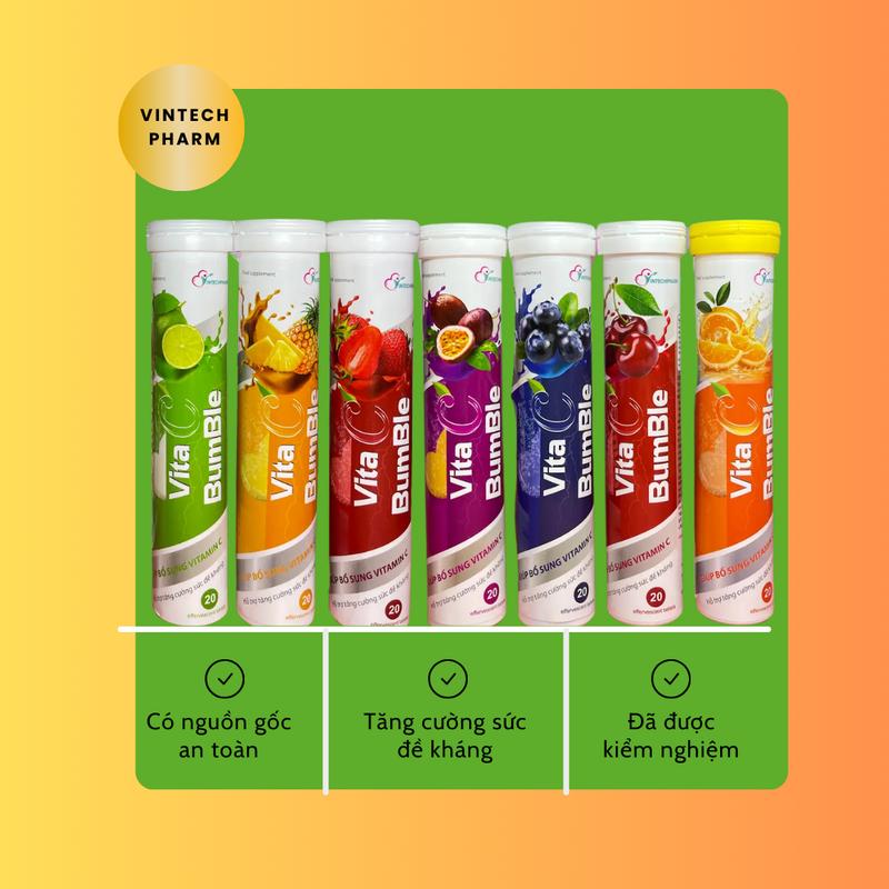 Combo 7 tuýp C sủi Vita C Bumble 7 vị, bổ sung vitamin cho cơ thể. Tuýp 20 viên
