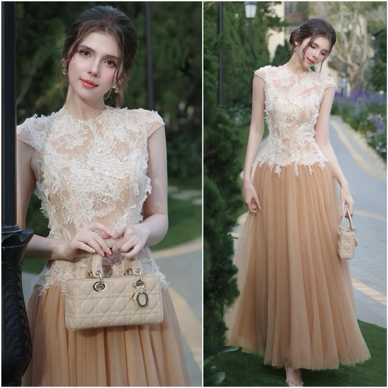 Váy tiểu thư ren hoa khoét lưng A90 đầm lưới tùng xòe nàng thơ mặc quanh năm - Akara closet dress women kem