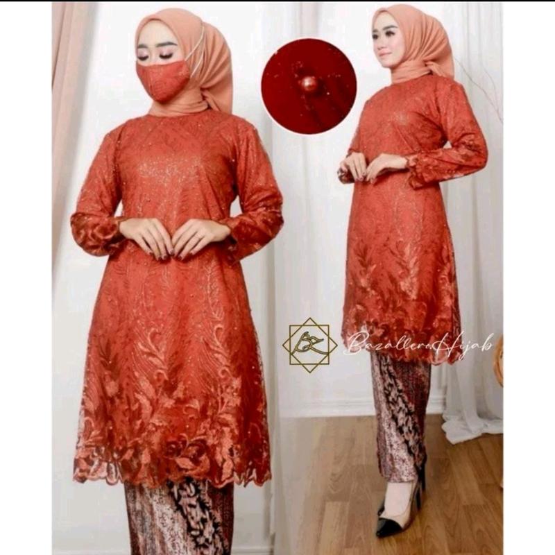Tunik brokat tile premium terbaru/model seragam pesta/kebaya best seller Kondangan Muslim Wanita Atasan Setelan Motif Mewah Panjang Batik Remaja 6