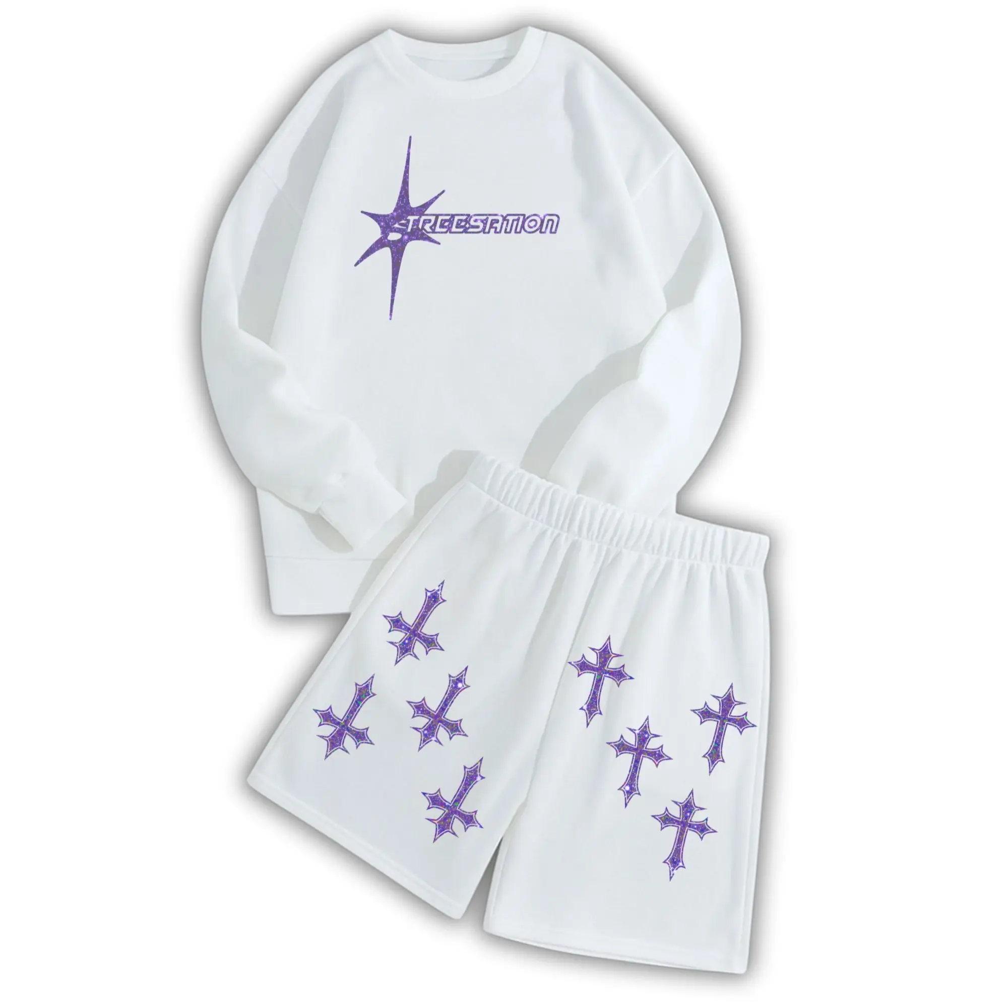 STREES One Set Crewneck & Shortpant Sation Pria & Wanita Setelan Berbahan Kain Fleece Lembut Adem Size M-XL