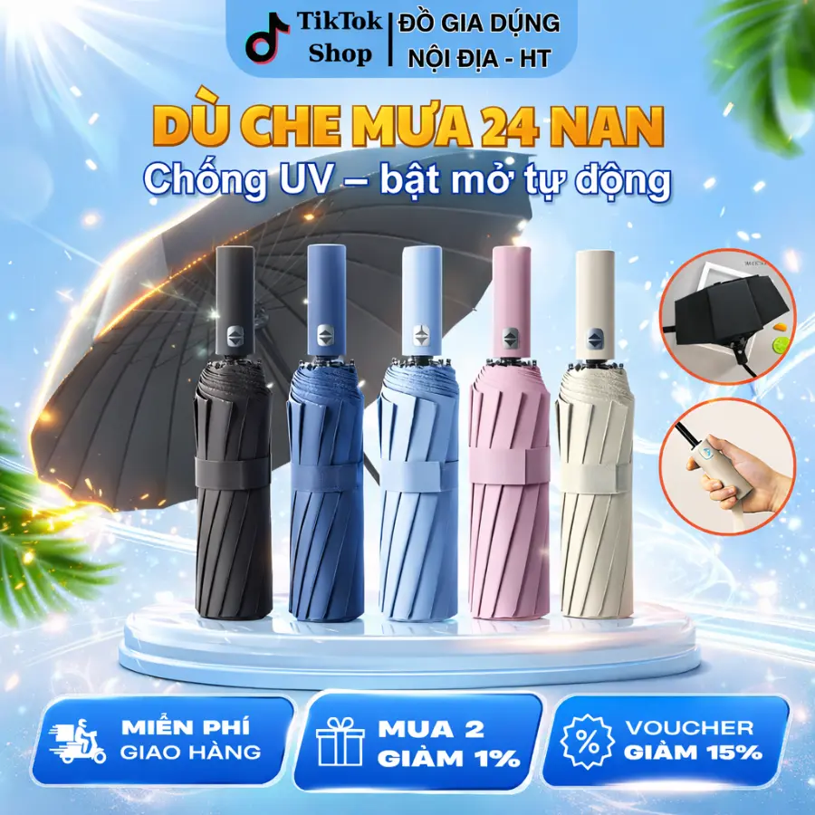 Ô dù Che Mưa Đi Nắng 24 Nan Mở Tự Động Gấp Nhỏ Gọn, Cầm Tay 2 Chiều Mang Đi Học, Du Lịch cỡ lớn mưa và nắng