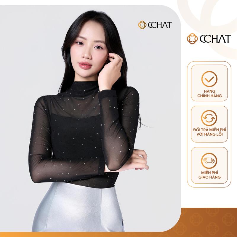 TREND25 Áo Thun Nữ CCHAT Dáng Ôm Cổ Leo Lưới Họa Tiết Chất Thun Co Giãn 4 Chiều 23TDM2018OT