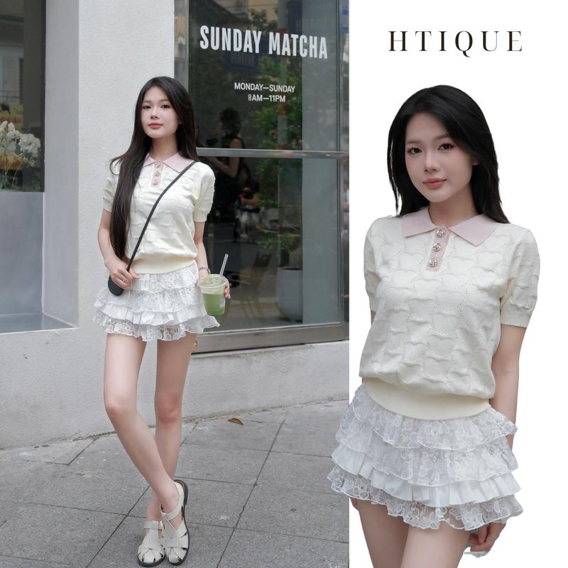 BST hè HTIQUE DEAL mở bán Áo Polo đục lỗ trái tim Áo len dệt kim mang lại lịch sự nhẹ nhàng phù hợp mọi dịp HT19