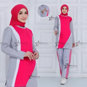 BAJU OLAHRAGA WANITA TUNIK MUSLIMAH 1 SET / SETELAN BAJU OLAHRAGA SENAM WANITA Muslim Sport Panjang Atasan Celana Seragam Polos Hitam
