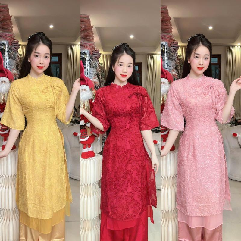 C102 Áo dài yến phượng lông vũ thiết kế bốn tà tay loe tôn dáng form chiết eo nhẹ đẹp kèm quần lụa dày dặn đính nơ cách điệu by Thương Lê C102