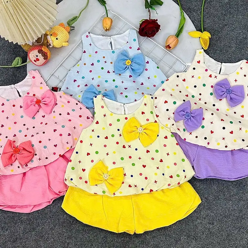 (8kg-13kg) Sét áo bí  2 nơ đối xứng quần bí in hoạ tiết siêu yêu cho bé gái 0