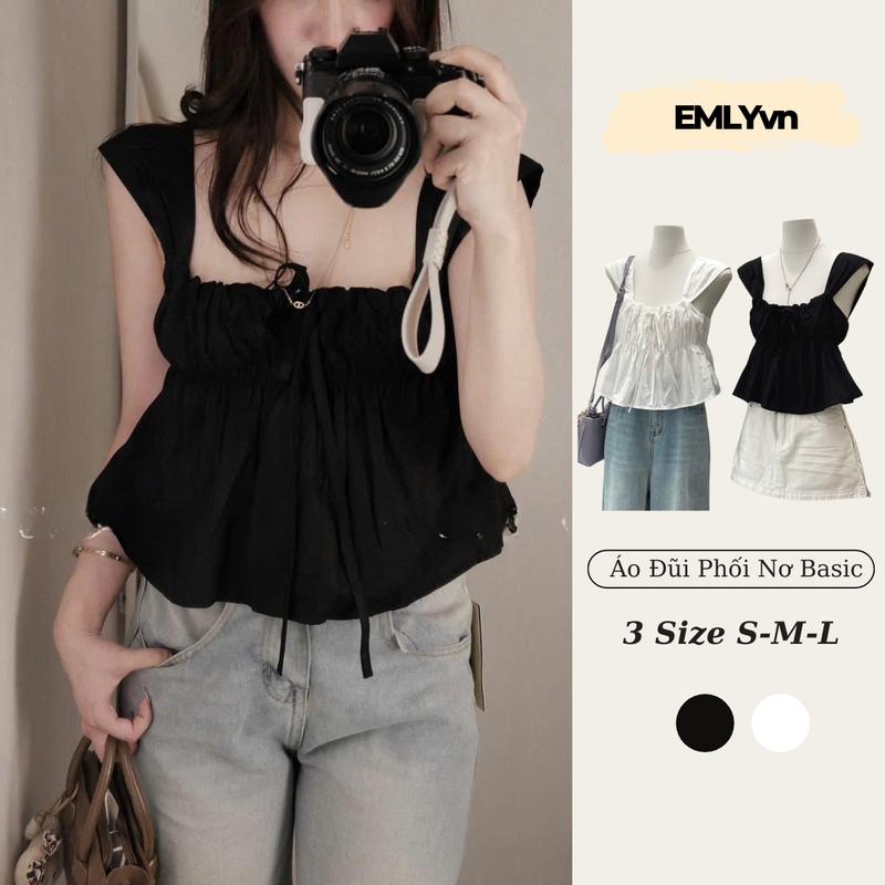 EMLYvn - Áo Thô Babydoll Nữ Cute Phối Dây Rút Thắt Nơ Mặc Hè Cực Mát, Áo 2 Dây Kiểu Nữ Hot Hè 2025