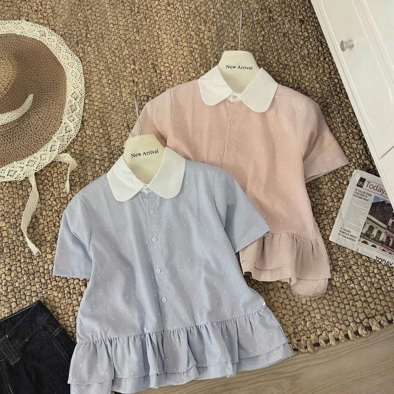 Áo sơ mi chấm bi phối bèo cổ sen hàng Qc chất đũi LINEN dày dặn A3.. kiểu