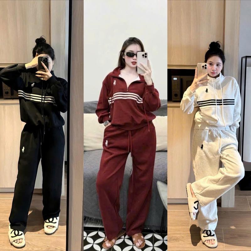 Bộ đồ nỉ nữ 2 da thêu ngựa - áo sweater phối sọc ngực kèm khóa kéo quần dài form rộng unisex mặc ấm - Women set