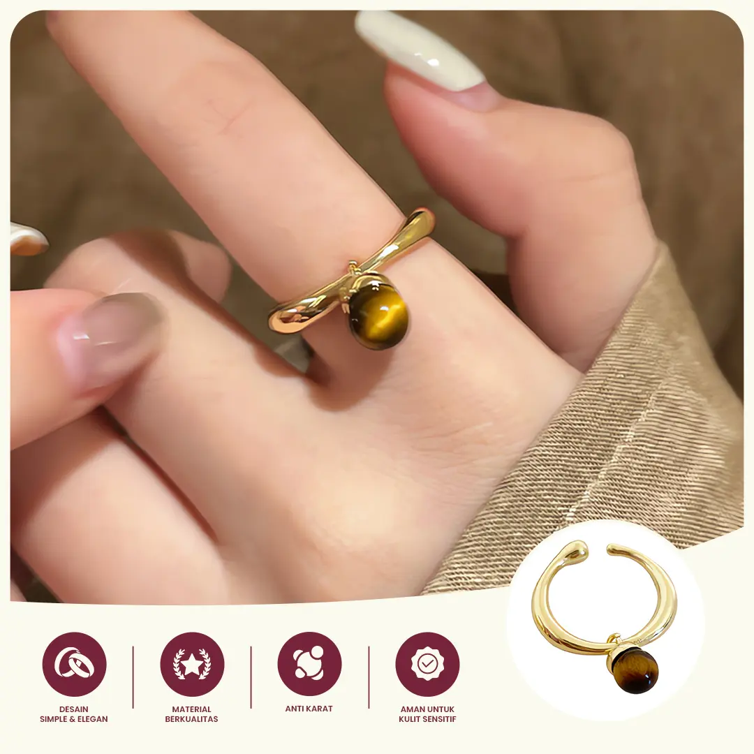 Cincin Titanium Boba - Cincin Wanita Bentuk Batu Amber Gold Adjustable Simple Elegant