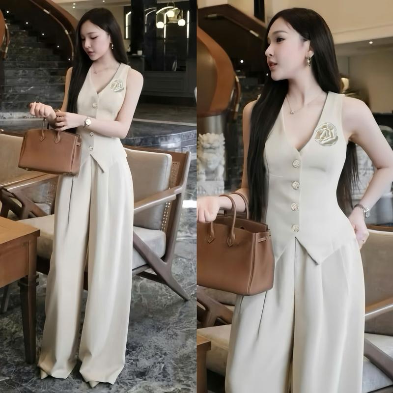 Set gile thiết kế EMME T3213 2 món gồm áo vest đính cúc đồng phối quần tây ống suông dáng dài top công sở - THANH TỰ