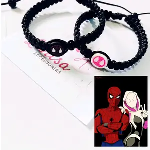 Gelang Couple Spiderman Miles&Gueen Model Rajut Anti Air - Tali Kulit hitam- Bracelets Elegan