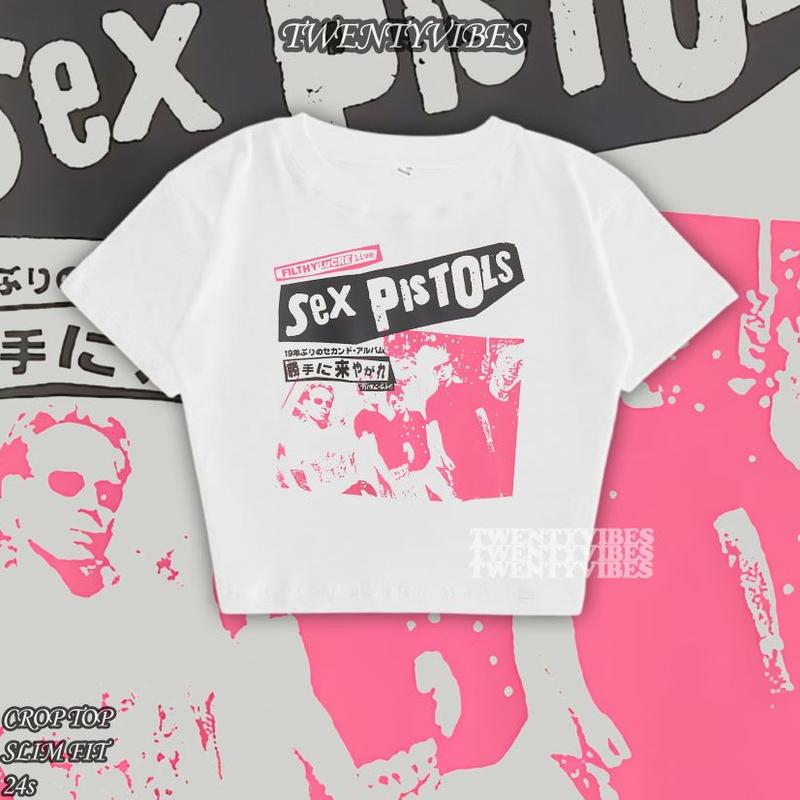 CROP TOP BAND WHITE I CROP TOP POP ROCK I CROP TEE I Y2K STYLE VINTAGE SLIMFIT AESTHETIC Atasan Wanita Kaos 0