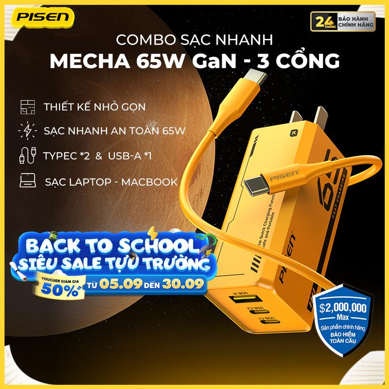 [PISEN] Bộ Sạc Nhanh 65W Kèm Dây Sạc | Kiểm Soát Nhiệt Tốt, Chống Chai Pin, 3 Cổng Sạc Nhanh, Sạc Được Cho Laptop Và Tất Cả Các Dòng Android/IOS | PISEN Pro GaNUltra 65W | TS-C137 | Bảo Hành 24 Tháng 1 Đổi 1 | Bảo Hiểm 2 Triệu Đô
