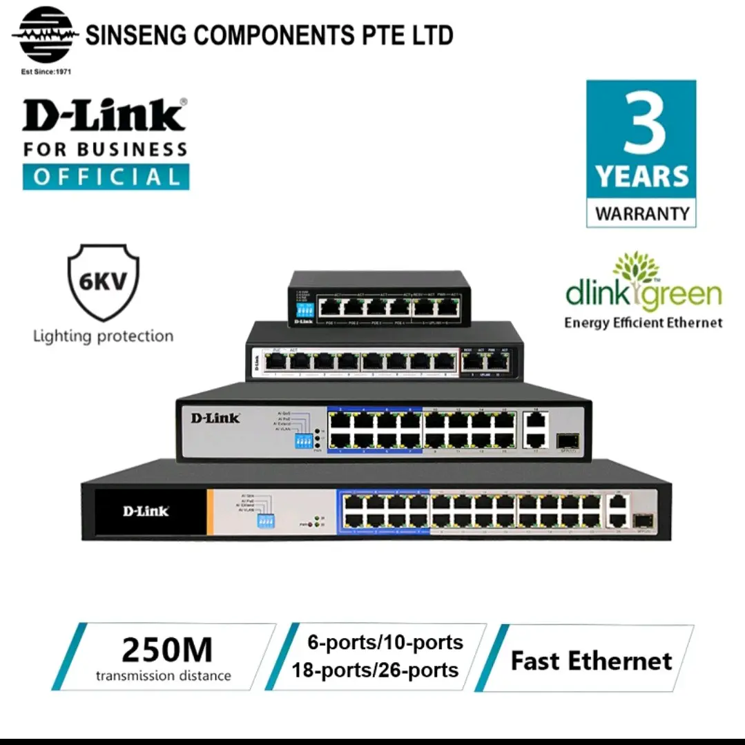 D-Link [3 YRS SG Warranty] 4/8/16/24 Port PoE Switch with 2 Uplinks, 250M Transmission Distance [DES-F1006P-E / DES-F1010P-E / DES-F1018P-E / DES-F1026P-E]