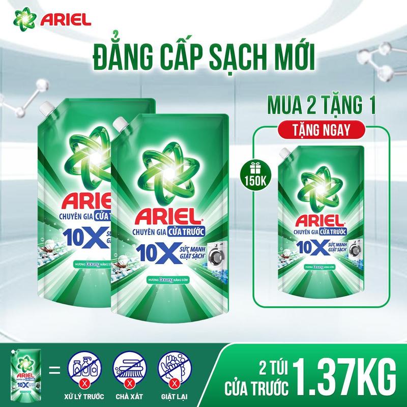 [Độc quyền KOC] [Mua 2 tặng 1] Combo 2 nước giặt siêu sạch Ariel 10X đậm đặc hương Downy nắng sớm thơm lâu cửa trên/cửa trước 1.37kg - 1.48kg