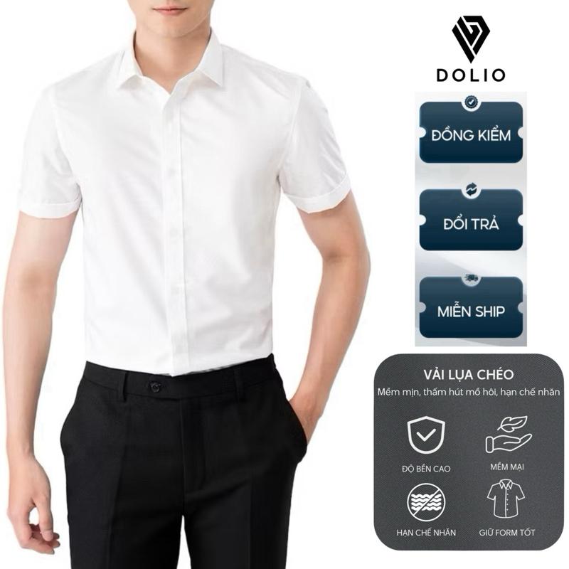 Áo Sơ Mi Nam DOLIO Ngắn Tay Đẹp SMN-89 Lụa Chéo Hạn Chế Nhăn Mềm Mại Co Giãn Nhẹ phom Slimfit Trẻ Trung Sang Trọng Mặc Mát.